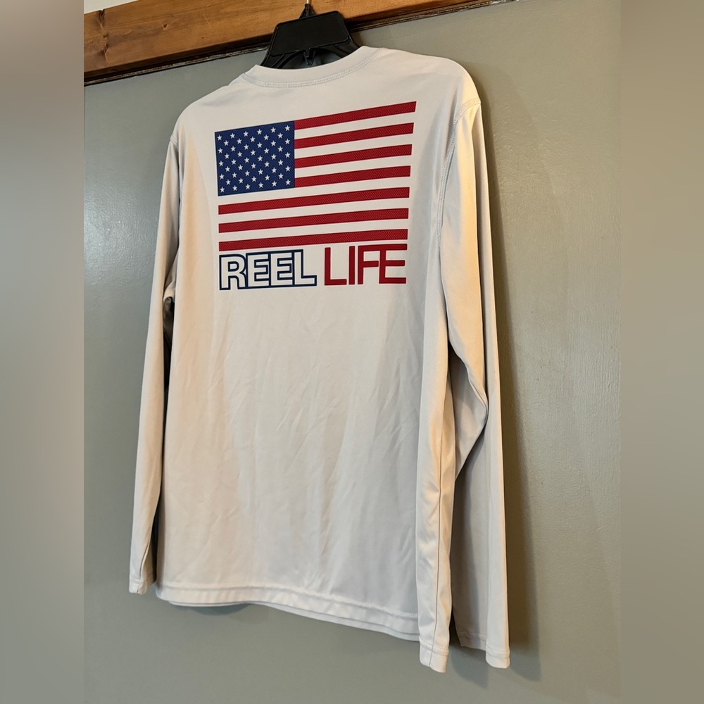 Reel Life Fishing T Shirt Mens M Gray USA Flag Sun Defender Long Sleeve